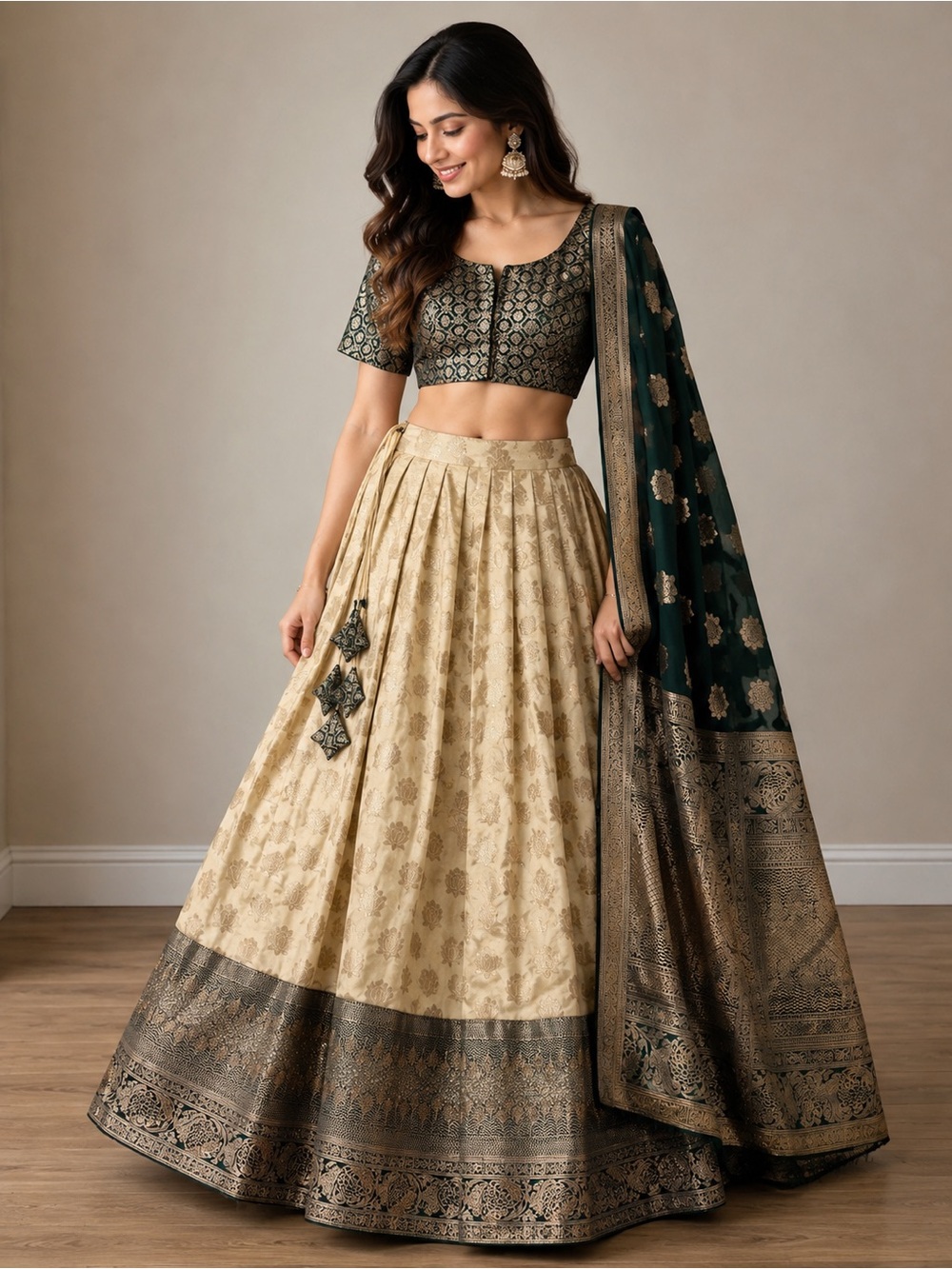 Ivory and Emerald Banarasi silk sari lehenga